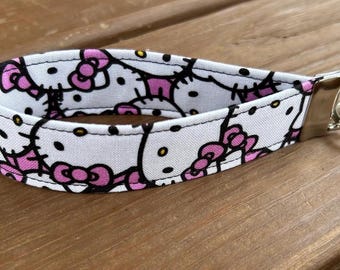 Key fob made with pink and white kitty fabric
