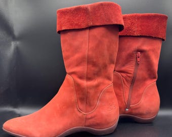 John Fluevog Red Suede Wadenhohe Stiefel Größe 8,5 - Skulpturale Absatz Designer Stiefel