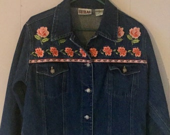 Vintage 90's Bill Blass women M jean jacket embroidered pink flowers 100% cotton
