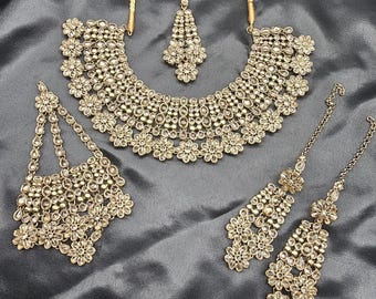 Desi Kundan Bridal Set | Necklace, Earrings, Teeka, Jhoomer | Gold Plated, Stainless Steel Base | Pakistani Indian Bride