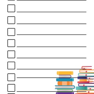 Könnte beinhalten: Eine druckbare Checkliste mit einer Liste von Büchern zum Lesen. Die Checkliste hat 15 Zeilen mit einem Kästchen zum Abhaken jedes Buches. Am unteren Rand der Checkliste befindet sich ein Stapel bunter Bücher mit Titeln wie "Magic", "Dictionary", "Astronomy", "Uncle", "Airy Tales", "2x2", "Art" und "English".