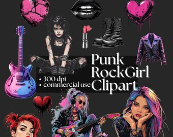Punk Rock Girl Clipart Punk Subculture Edgy Punk Art Heavy Metal Rock and Roll Alternative Style Graphic  Hearts Guitar Combat Boots 300 DPI