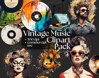 Vintage Music Clipart Retro Vinyl Records Retro Microphone PNG Musician Clipart Set Music-Themed Invitation Graphics Musical Concert Clipart