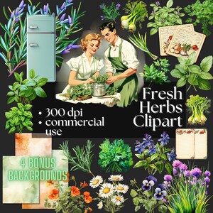 Retro Inspired Fresh Herbs Instant Download Couples Cooking Antique Recipe Cards Tea Towel 300 DPI Digital Art Herb Junk Journal PNG Chef