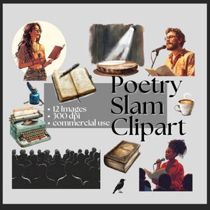 Poetry Slam Clipart - Recitar poesía Escritura creativa Gráficos Poeta urbano Escenario Rendimiento Máquina de escribir Palabras habladas artísticas Máquina de escribir