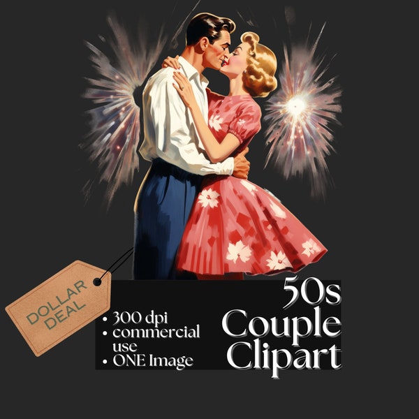 50s Couple Clipart - Vintage Retro PNG Vintage Love Fireworks Red, White, and Blue High-Quality 300 DPI - Instant Download Instagram Images