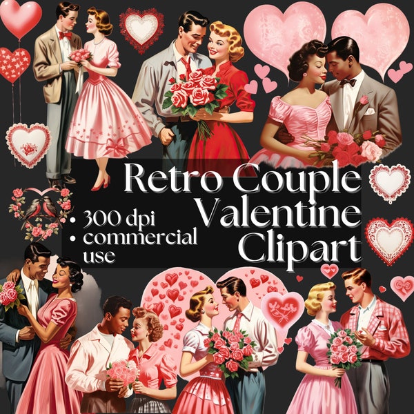Retro Couples Valentine's Clipart Nostalgic Valentine's Vintage Inspired Love Romantic DIY Valentine's Flowers Lace Valentine's 300 DPI