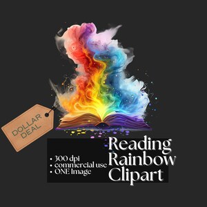 Op de afbeelding: Een regenboogkleurig boek met een magisch, wervelend rook-effect. De tekst "Reading Rainbow Clipart" staat onder het boek. De tekst "300 dpi, commercieel gebruik, ÉÉN afbeelding" staat aan de linkerkant van de afbeelding.