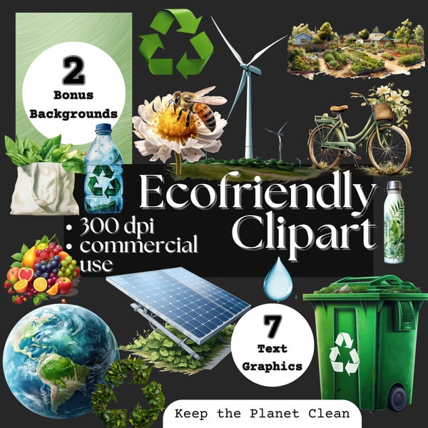 Eco-Friendly Clipart Sustainable design elements Earth-friendly Eco-conscious Green-themed digital art Green Living Earth Day Environmental