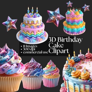 Clipart de gâteau d'anniversaire 3D - graphiques de gâteau fantaisistes lumineux fête d'anniversaire inviter bricolage festif étoile fête haute qualité pastel PNG