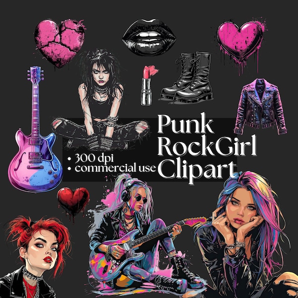 Punk Rock Girl Clipart Punk Subculture Edgy Punk Art Heavy Metal Rock and Roll Alternative Style Graphic  Hearts Guitar Combat Boots 300 DPI