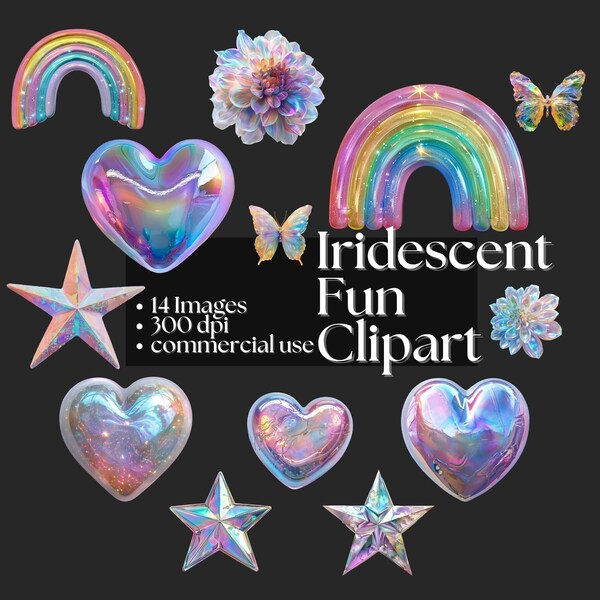 Iridescent Fun Clipart - Hearts Stars Butterflies Flowers Rainbows Pastel Images Shiny Fun Elements Children's DIY Party Invite Graphics