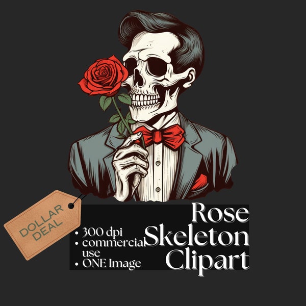 Skeleton with Rose Clipart - Valentine's PNG Romantic Clipart Hipster Design Invite 300 DPI Instant Download Skull Graphic Halloween Images