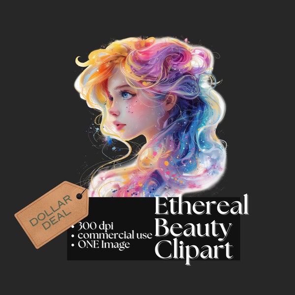 Ethereal Beauty Clipart - Whimsical Pretty Long-Haired Woman Fantasy Graphic Beautiful Girl PNG Colorful  Flowing Hair Mystical Enchanting