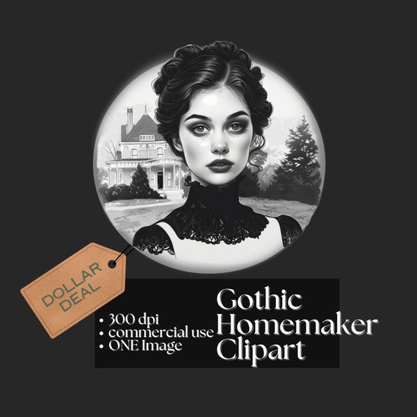 Gothic Homemaker Clipart - Vintage Dark Elegance Housewife Nostalgic Victorian Home Emo Lady Classic Style Fantasy DIY Dark Cardmaking