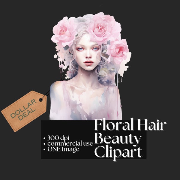 Floral Hair Beauty Clipart Beautiful Lady Ethereal Flower Graphic Pretty Soft Girl Image Pink Flowers in Hair Flower Woman Feminine Clipart