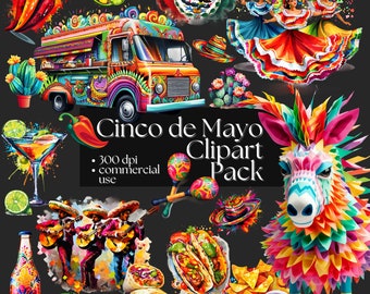 Cinco de Mayo Clipart Fiesta Digital Download Mexican Celebration Commerical Use PNG Mexico Festive Art Party Graphics Taco Margarita Cactus