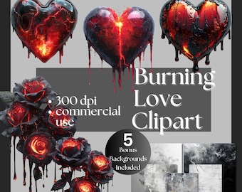 Burning Heart Clipart Love PNG Red Rose Graphic Fiery Images Spooky Valentine&#39;s Eerie Romantic Clipart Gothic