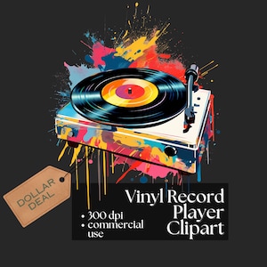 Vinyl Schallplattenspieler Clipart Bunte Schallplattenspieler Dollar Angebot Sofortiger Download Digitale Kunst Musiker PNG Musikalische Bilder Vintage Retro Art