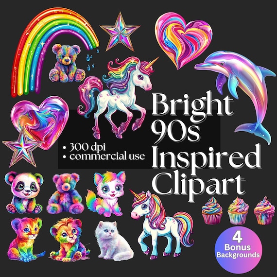 Bright 90s Style Clipart Collection - Whimsical Animals, Cupcakes, Unicorns, Stars, Rainbow Nostalgic Retro Graphics 90s Kid  Neon Animals