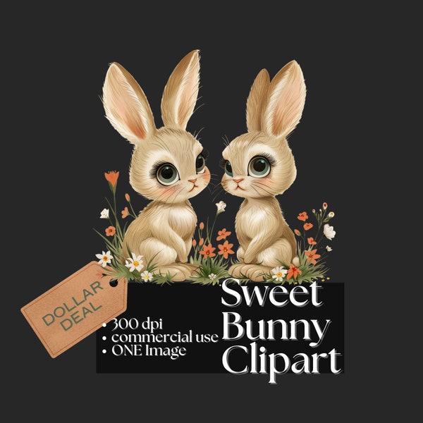 Sweet Bunnies Clipart - Retro Rabbit Graphic Nostalgic DIY Vintage Easter Image Sweet Animal PNG Vintage Charming Spring Bunny Rabbits