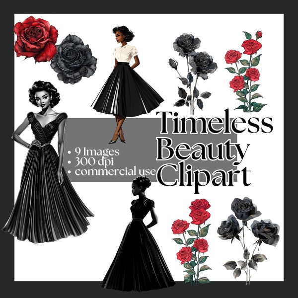 Timeless Beauty Clipart - Retro Dark Skinned Woman Vintage Dresses 50s 60s Fashion Beautiful Black Lady PNG Red Rose Women of Color Fashion