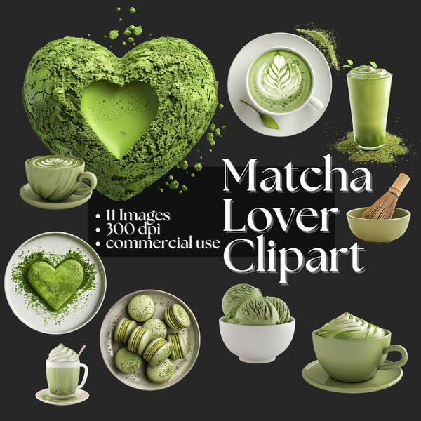 Matcha Lover Clipart - Diseños de arte culinario amante del té Imágenes de bebidas inspiradas en Japón Matcha de moda Té orgánico Matcha en forma de corazón