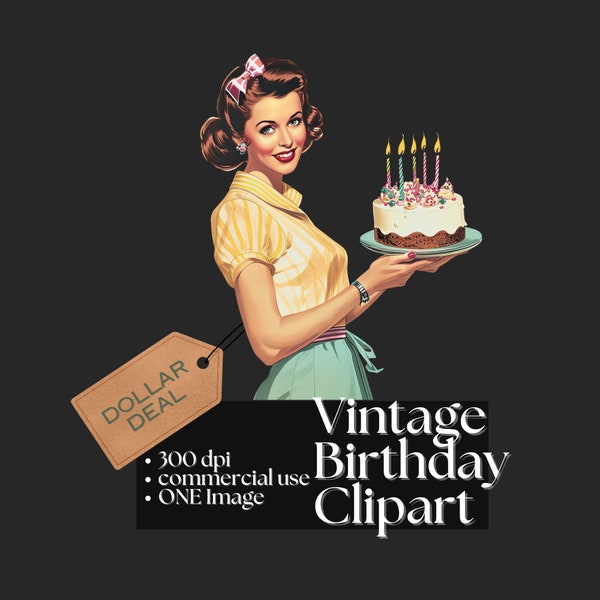 vintage Anniversaire Clipart Rétro Gâteau d’anniversaire Image 300 DPI 50s Lady vintage Art vintage Dessert PNG 1950s Housewife Midcentury Wife Télécharger