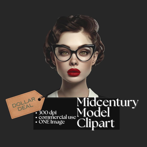 Midcentury Model Clipart - Beautiful Brunette 1950s 1950s Lady Retro Woman Vintage Art Housewife Cat Eye Glasses Brown Hair Beauty Nostalgic