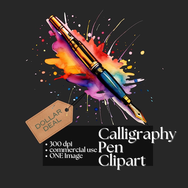 Calligraphy Pen Clipart - Artist Graphic Ink Splatter Writer Image Office School PNG Fountain Pen Vintage Pen Junk Journal Inkwell Pen