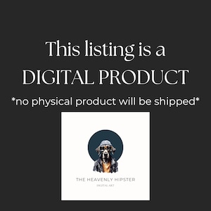 Może przedstawiać: Cyfrowy wydruk artystyczny przedstawiający kresk&oacute;wkowego psa w kapeluszu i okularach przeciwsłonecznych. Tekst "THE HEAVENLY HIPSTER DIGITAL ART" znajduje się pod obrazem.