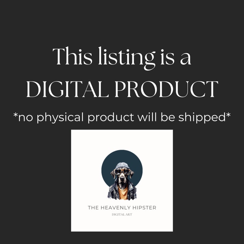 Może przedstawiać: Cyfrowy wydruk artystyczny przedstawiający kresk&oacute;wkowego psa w kapeluszu i okularach przeciwsłonecznych. Tekst "THE HEAVENLY HIPSTER DIGITAL ART" znajduje się pod obrazem.