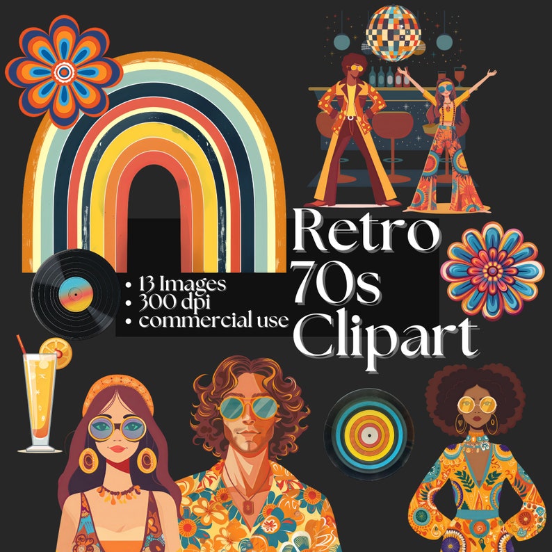 70s Retro Clipart - Groovy Disco Graphics 1970s Nostalgia Hippie Flower ...