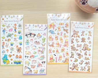 Kamio Japan x Disney | Fluffy Sketch Sticker Sheet | Tsum Tsum | Toy Story | Chip & Dale | Pooh
