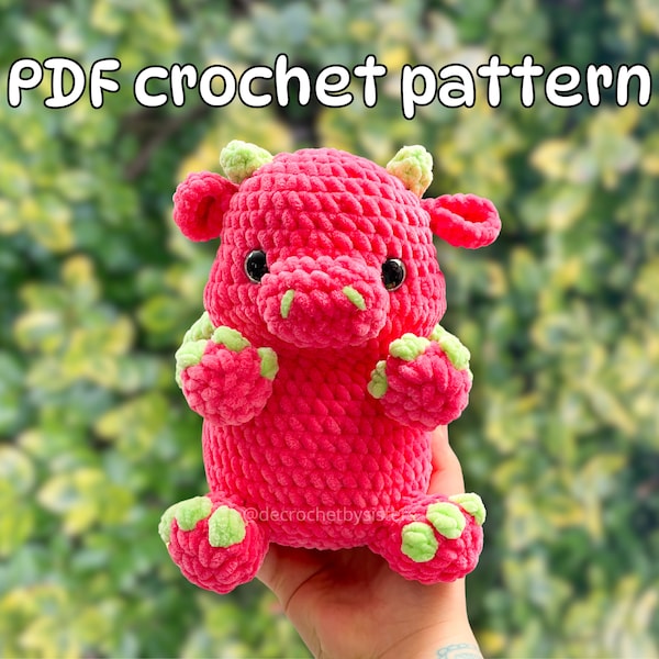 Crochet chubby dragon plushie pattern; amigurumi cute dragon toy, Intermediate level crochet pattern