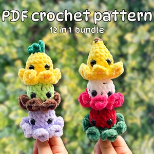 May include: A set of 12 crochet patterns for making adorable ice cream cone characters. The patterns include a banana, kiwi, chocolate, and purple ice cream cone characters. Each character has a cute face and is made with colourful yarn.