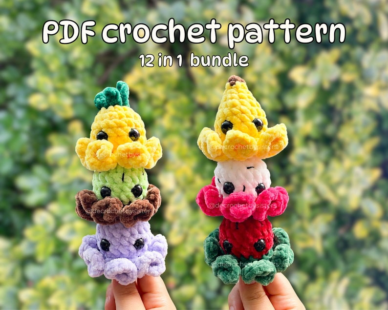 May include: A set of 12 crochet patterns for making adorable ice cream cone characters. The patterns include a banana, kiwi, chocolate, and purple ice cream cone characters. Each character has a cute face and is made with colourful yarn.