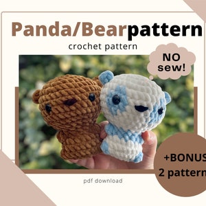Può includere: Schema di uncinetto per un panda e un orso, con il testo "Panda/Bearpattern crochet pattern NO sew! +BONUS 2 patterns pdf download" sull'immagine.