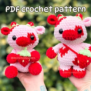 Strawberry Cow Plushie Crochet Pattern - handmade gift, digital pattern, crochet pattern bundle, sitting and standing cow plush toy