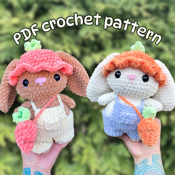 Crochet bunny plushie pattern with cute overalls and bucket hat; amigurumi rabbit toy with carrot bag, easy easter crochet pattern