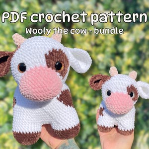 Padrão de pelúcia de crochê Wooly the cow, pacote 2 em 1, versão grande e mini, presente feito à mão, padrão digital, padrão de crochê, brinquedo de pelúcia de crochê