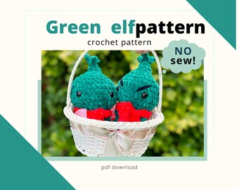 Green elf crochet pattern, no sew amigurumi plush toy, eng digital download