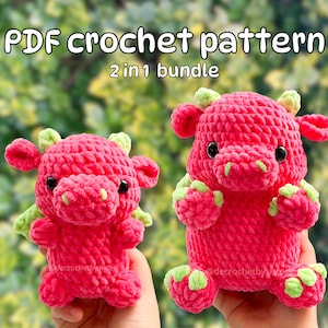 Crochet chubby and baby dragon plushie pattern; amigurumi bundle 2in1 cute dragons toy, Intermediate level crochet pattern