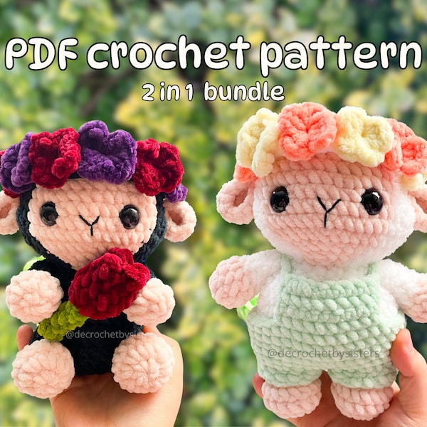 Crochet baby lamb with flower crown plushie pattern; amigurumi bundle 2in1 cute spring lamb toy sitting and standing stuffed lamb