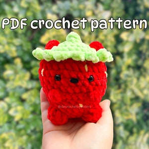 Crochet strawberry bear plushie pattern; amigurumi cute bear toy, beginner level crochet pattern