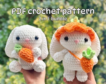 May include: PDF crochet pattern for a 2 in 1 bundle of white bunny amigurumi toys. One bunny is holding a carrot and the other is wearing an orange crocheted hat and holding a carrot.
