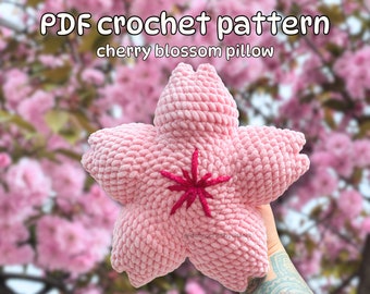 Crochet cherry blossom pillow pattern; amigurumi sakura pillow, cozy aesthetic room decor, crochet pattern with video tutorials
