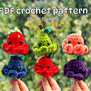 May include: A set of 12 crochet patterns for making amigurumi octopus plushies. The patterns include a variety of colours and designs, including red, green, orange, blue, and purple. The patterns are available as a PDF download. PDF crochet pattern 12 in 1 bundle.