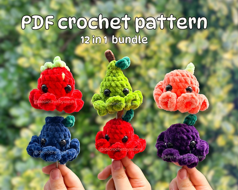 May include: A set of 12 crochet patterns for making amigurumi octopus plushies. The patterns include a variety of colours and designs, including red, green, orange, blue, and purple. The patterns are available as a PDF download. PDF crochet pattern 12 in 1 bundle.