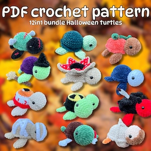 May include: A set of 12 crochet turtle patterns in various colors and designs, including a witch, a monster, and a pumpkin. The patterns are for making small amigurumi turtles. The image text reads "PDF crochet pattern 12 in 1 bundle Halloween turtles".